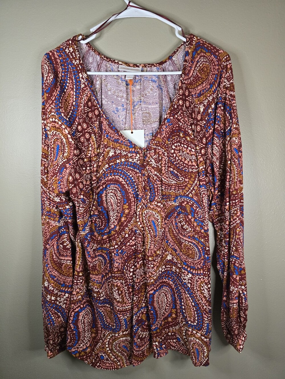 Knox Rose Womens Long Sleeve Henley Tunic Top Red Paisley Peasant Boho Large New